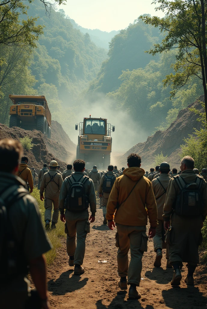 : A photo showing a confrontation or protest related to mining, or an image of a conservation area invaded by miners.