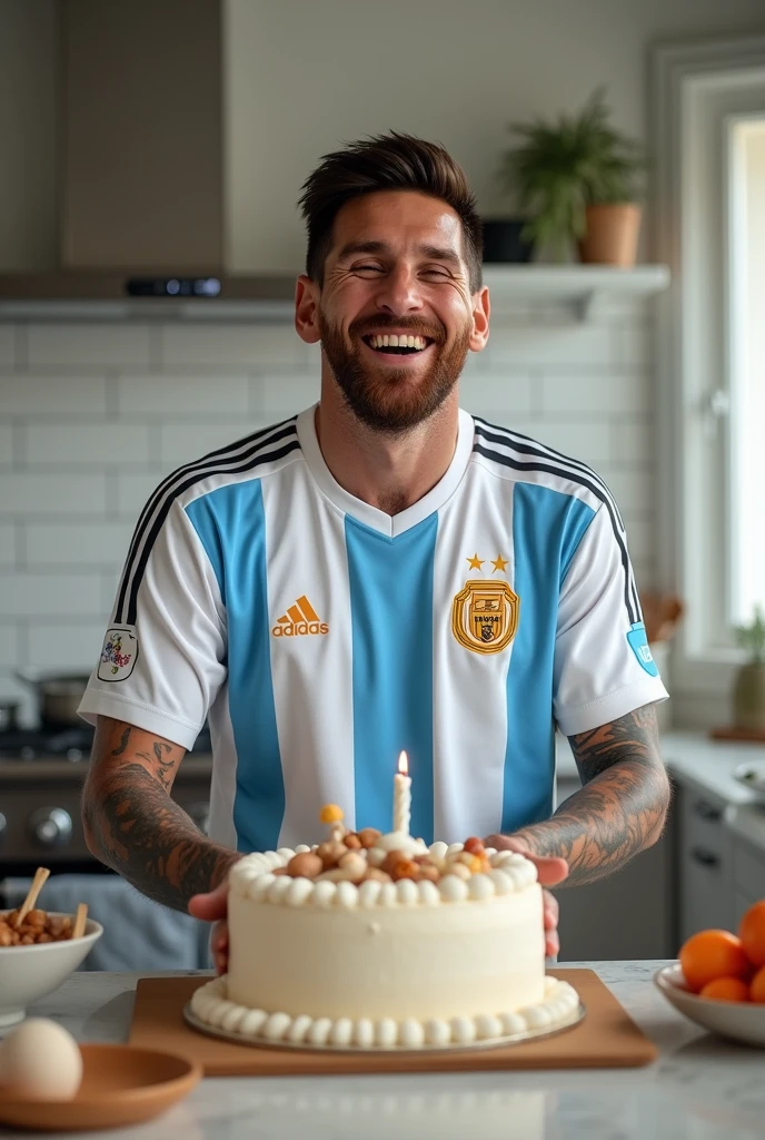 Messi dressed in a Cristiano Ronaldo football shirt cooking a cake in his white kitchen with an oven while laughing.