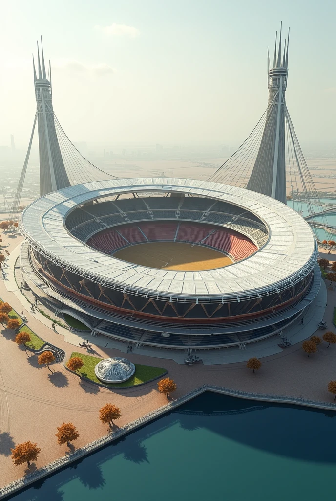 Imagine a stadium with a structure inspired by a monarch butterfly, but instead of showing both wings, only one is seen, extended to one side and functioning as a wide stand. The other wing is hidden or not visible from the main angle. The stadium antennas rise like lighting towers, and the shape of the butterfly is reflected in the architectural design without using the typical butterfly colors, choosing instead a palette of neutral and metallic colors.