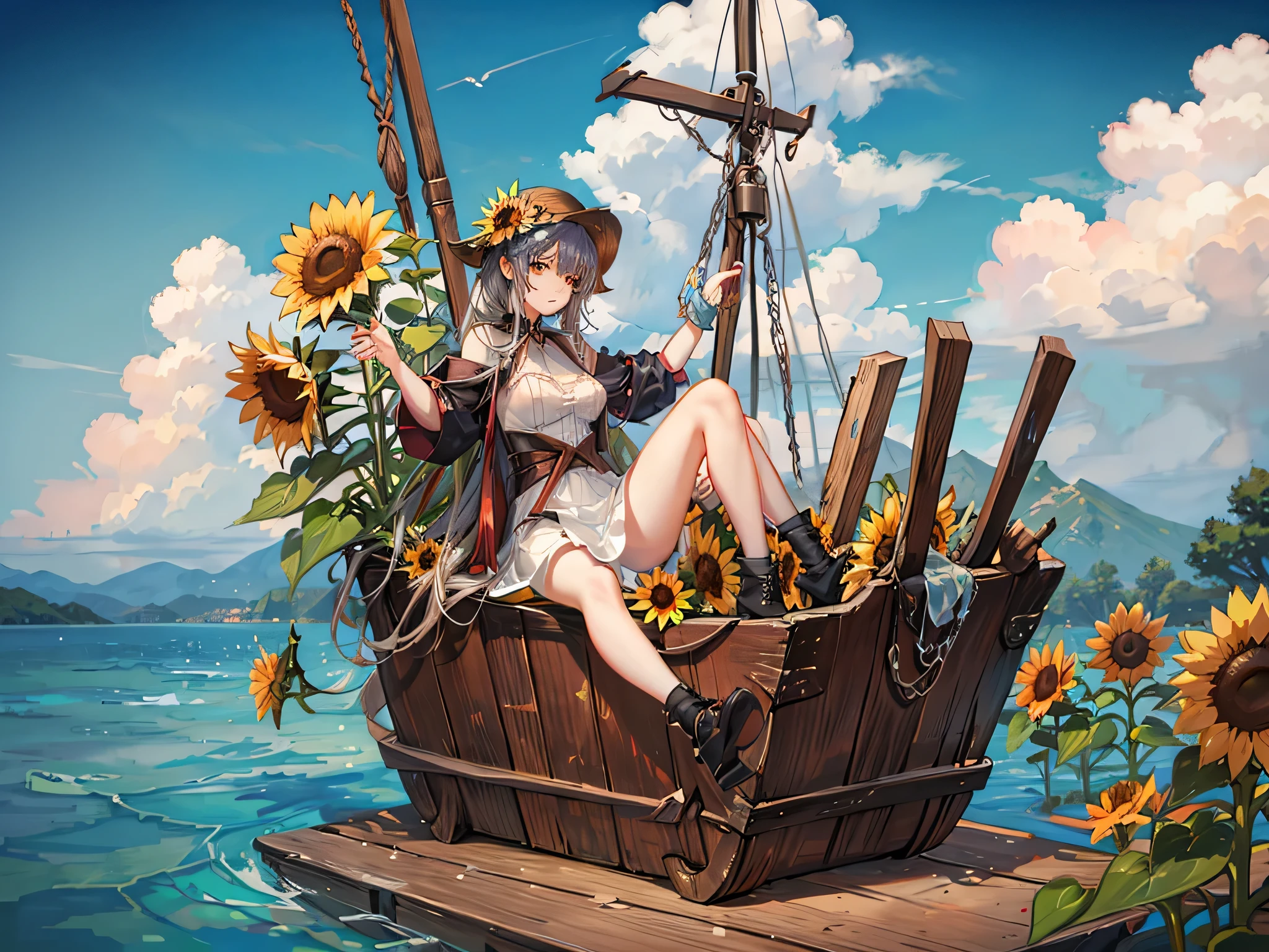 1girl,solo,(full body:1.2),
blonde hair,dark skin,dark-skinned female, brown eyes,torn tanktop,torn cloth coat,dirty,(bandaged ankle), (pearl single anklet:0.9),barefoot,shell bracelet,tooth necklace, hair between eyes, messy hair, absurdly long hair, black baggy pants, head tilt,expressionless, confused,(spoken question mark:1.4), (?:1.4),cloesd mouth,floating hair,pirate hat, pirate, skull mark,skull logo,(treasure chest),(coin stack),(gem),(gold),laugh foolishly,drunk,rum bottle,whisky bottle,rolling eyes,looking away, open mouth,head down
a girl sitting on a fallen tree in the lake and step on a treasure chest,(weed),((lotus:1.2)),tree,(jungle),vines,ruin,gaint tree,airship in the sky,airship,fallen tree, 
(rain:1.3),day,cloud,(((storm))),((wind)),((wet)),mushroom,pirate ship,(step on treasure chest,foot on treasure chest )
<lora:detail_slider_v4:2>
<lora:niji - Cthulhuï¼Tentaclesï¼_v1.0:0:0.5:lbw=STYLEONLY> 
<lora:Gloomifier_V2_TheGlow:-1> 
<lora:skin_tone_slider_v1:2>
<lora:pytorch_lora_weights:1>
<lora:zoom_slider_v1:-3>
<lora:weight_slider_v2:-0.5>