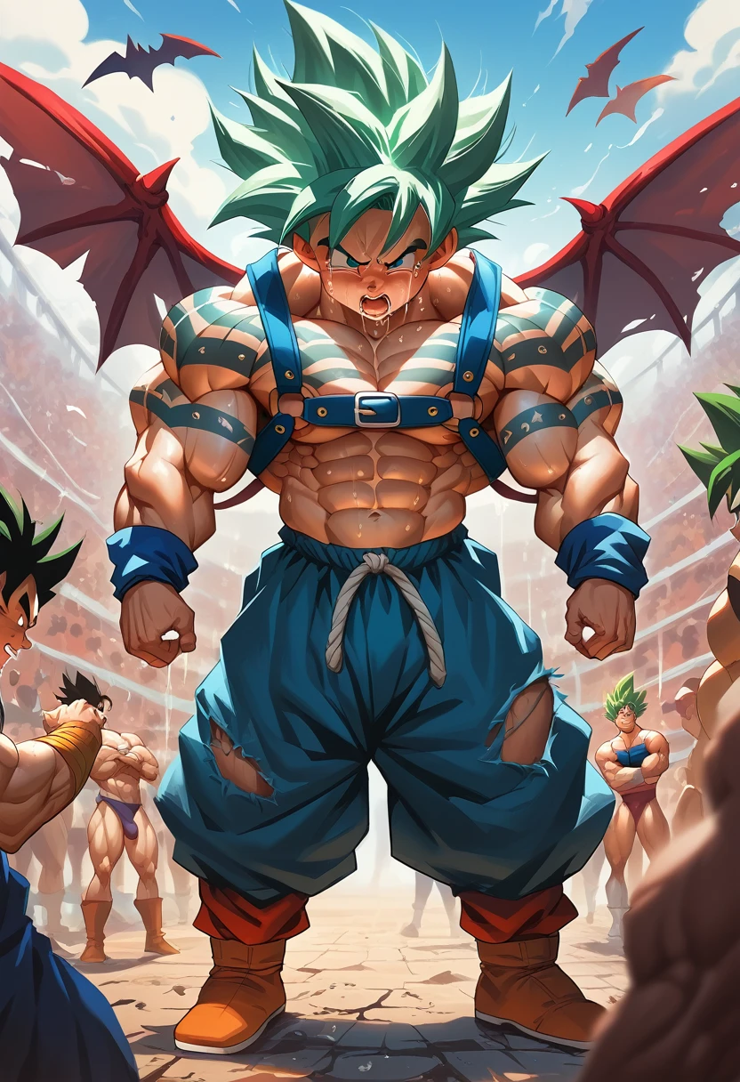 Huge muscles,Crying face,Lots of drool and sweat,Harness,Young face,teenager face,Huge erect penis,Full body image,Young body,Muscular legs,Wearing boots,Large, toned muscles,Goku,super saiyan,Imminent sexual activity,Demon body, wings and horns,Shaking violently,Group Sex,Obscene tattoos,Engage your audience,Green Hair