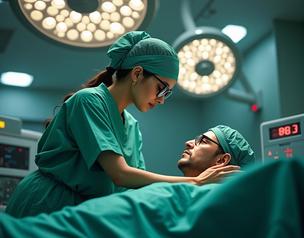 Aishwarya Rai as surgeon, wearing green scrubs, wearing skull cap, wearing surgical glasses, cuddling male patient in operation theatre, fullbody view, topdown view,