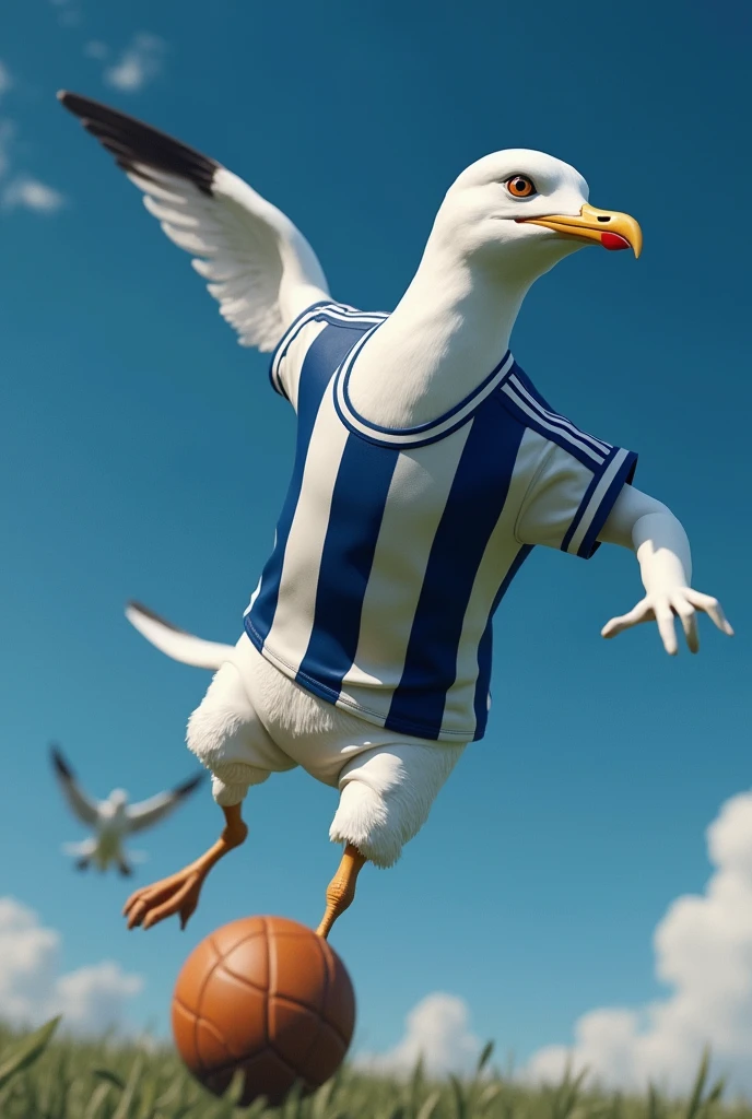 White seagull in dark blue and white striped football shirt playing football 