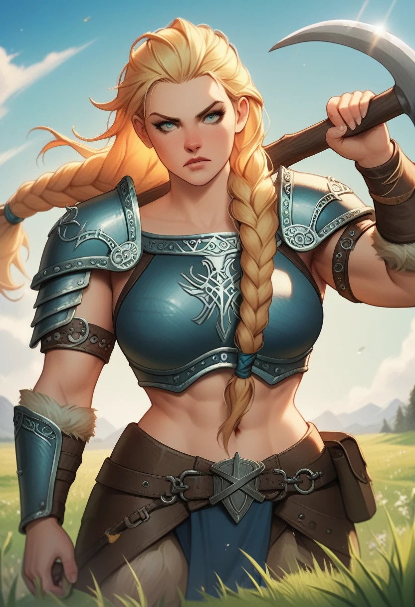 (Masterpiece), very detailed, expressive eyes, perfect face, Viking themed, Viking girl, 1girl, human, solo focused, riding a black dragon, serious expression, grass field, huge valley, riding long braided hair, cerulean eyes, lean muscle, Dragon roaring, blue tribal tattoo, leather armor, metal shoulder guards, impatient expression, petting a dragon, axe holstered, tall