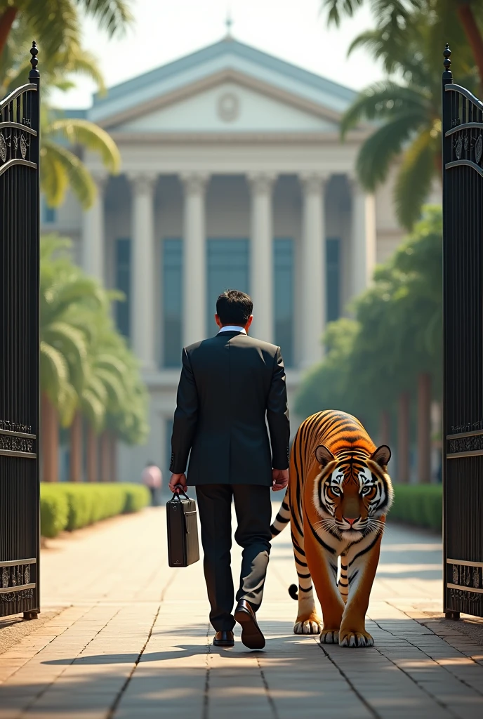 A man Entering north south University bangladesh with tiger