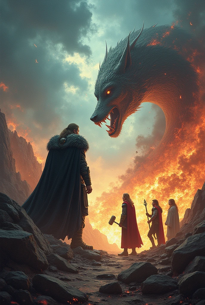Ragnarok on one side Loki and the Wolf and the World Serpent on the other side Odin Thor Freya and in the middle the Fire Giant