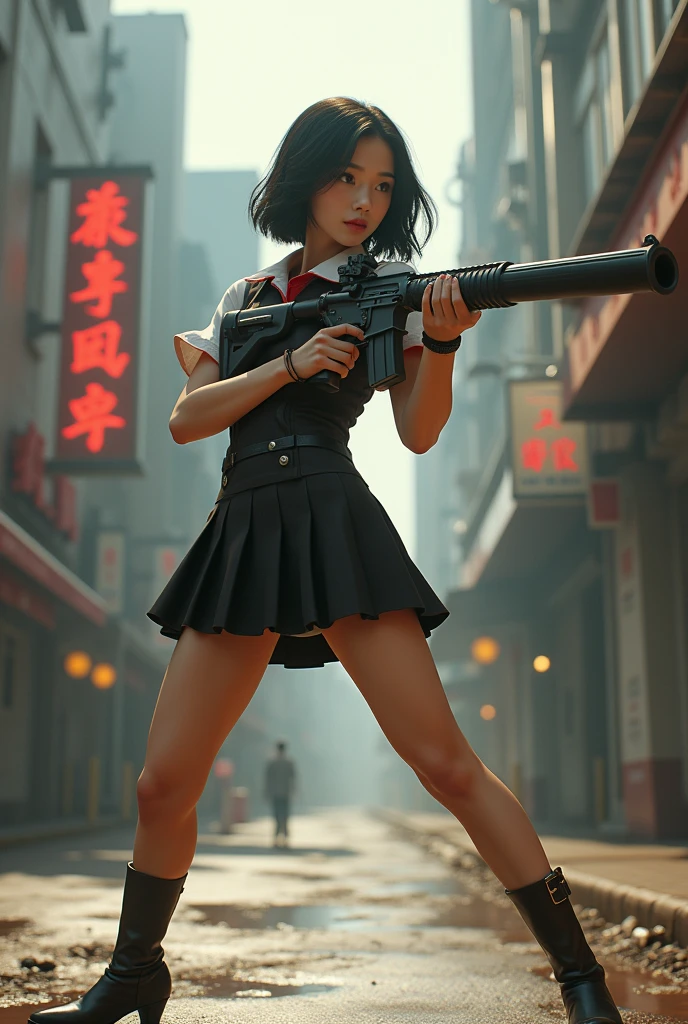beautiful chinese 空姐 mini skirt realistic long machine gun toting real person legs spread apart standing rampage shooting side target facing showing panty