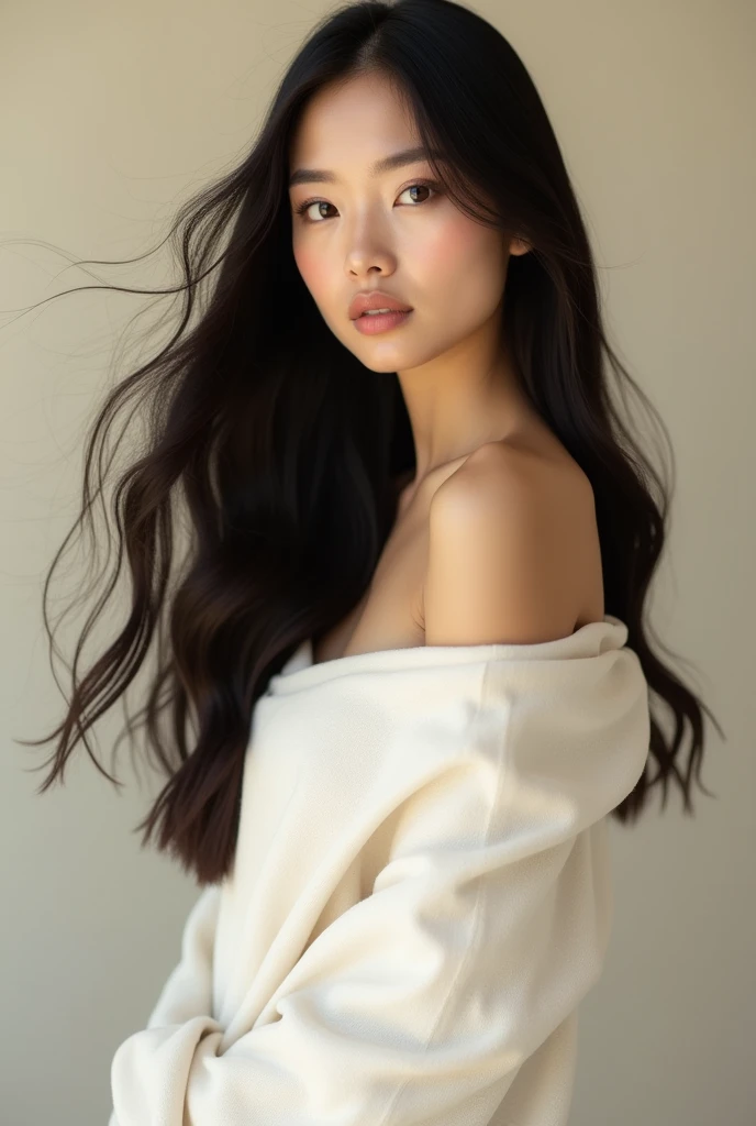 a white woman who has and long black hair for oil brand advertisement but
natural and mid body and cover cloth
create a advertisement with this picture, my brand name is( SHASA )