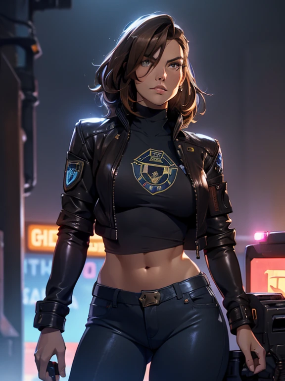 Portrait of natlp as a beautiful female model, georgia fowler, beautiful face, with short dark brown hair, in cyberpunk city at night. She is wearing a leather jacket, black jeans, sagging breasts, round breasts, wide hips, dramatic lighting, (police badge:1.2)