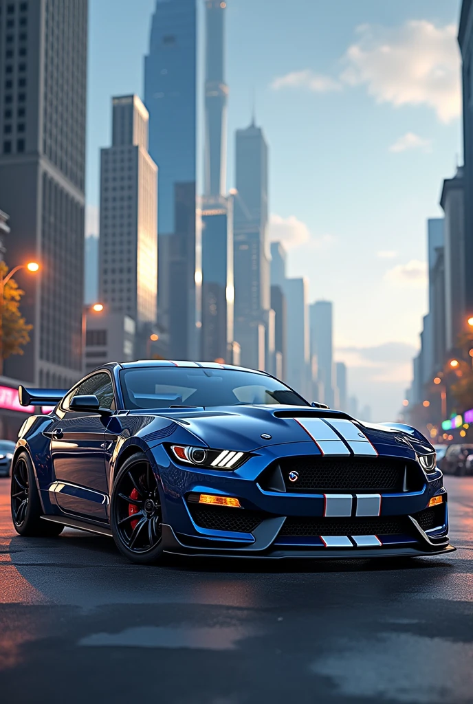 Create an image of a Ford Mustang Shelby decorated with the Real Madrid logo 