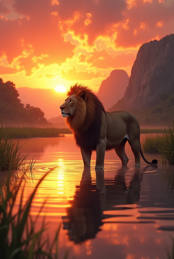 Lion in a lake with sunset