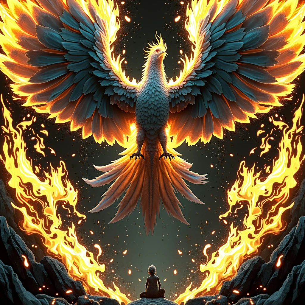 A majestic phoenix, mythical fire bird, soaring through the sky, wings ablaze, scattering embers, burning and flying, chaotic and sublime, photorealistic, 8k, hyper detailed, dramatic lighting, fiery holographic effects, vivid colors, dramatic pose, intricate feather textures, powerful and dynamic, digital painting, cinematic composition.