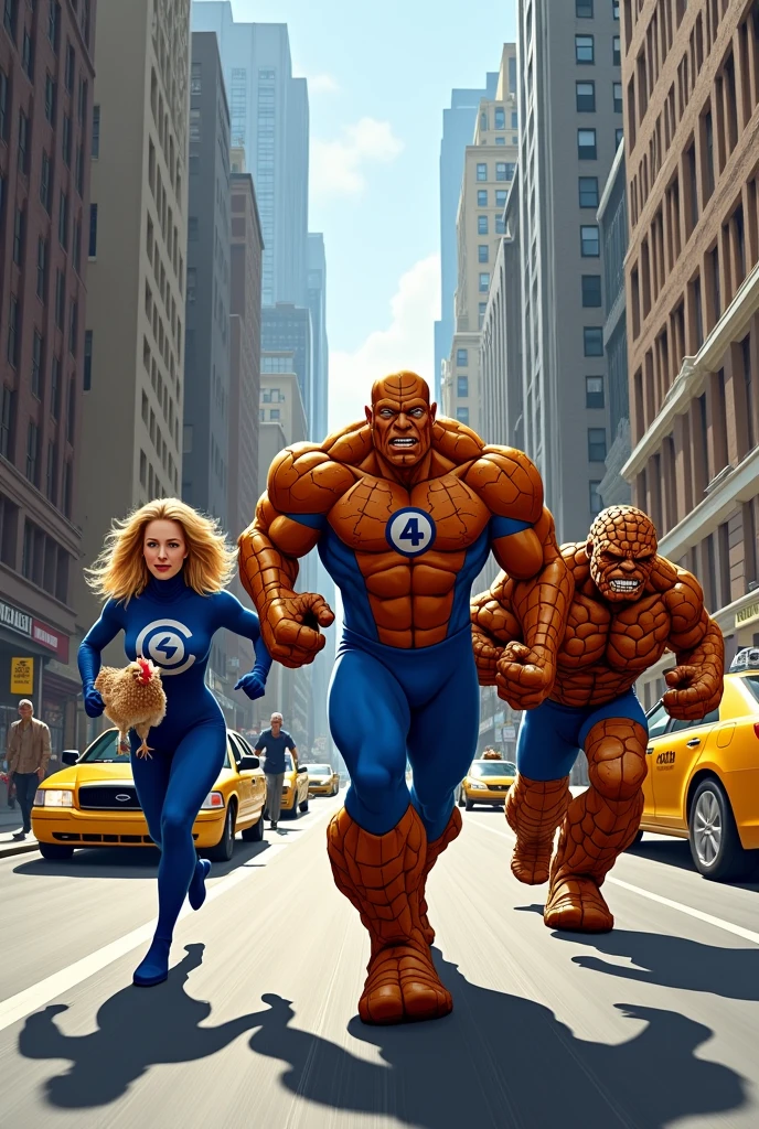 The Thing of fantastic four of marvel comics running towards camera carrying a chicken in the streets of new york