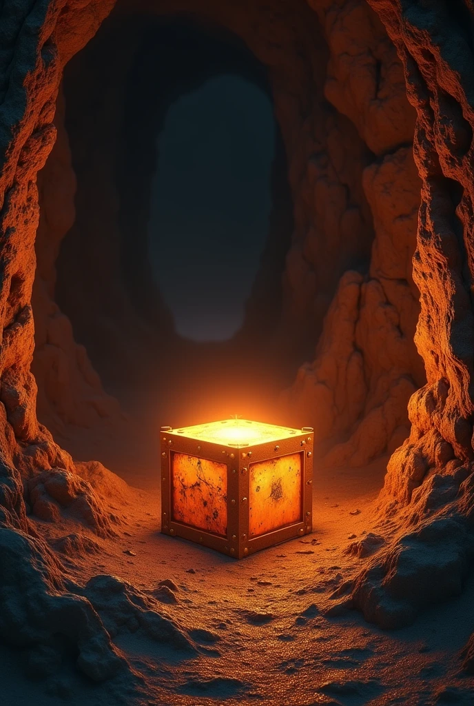A realistic manually manipulated image of a dark cavern with a glowing box. The cavern should have some glitter on the walls and the predominant color should be orange.