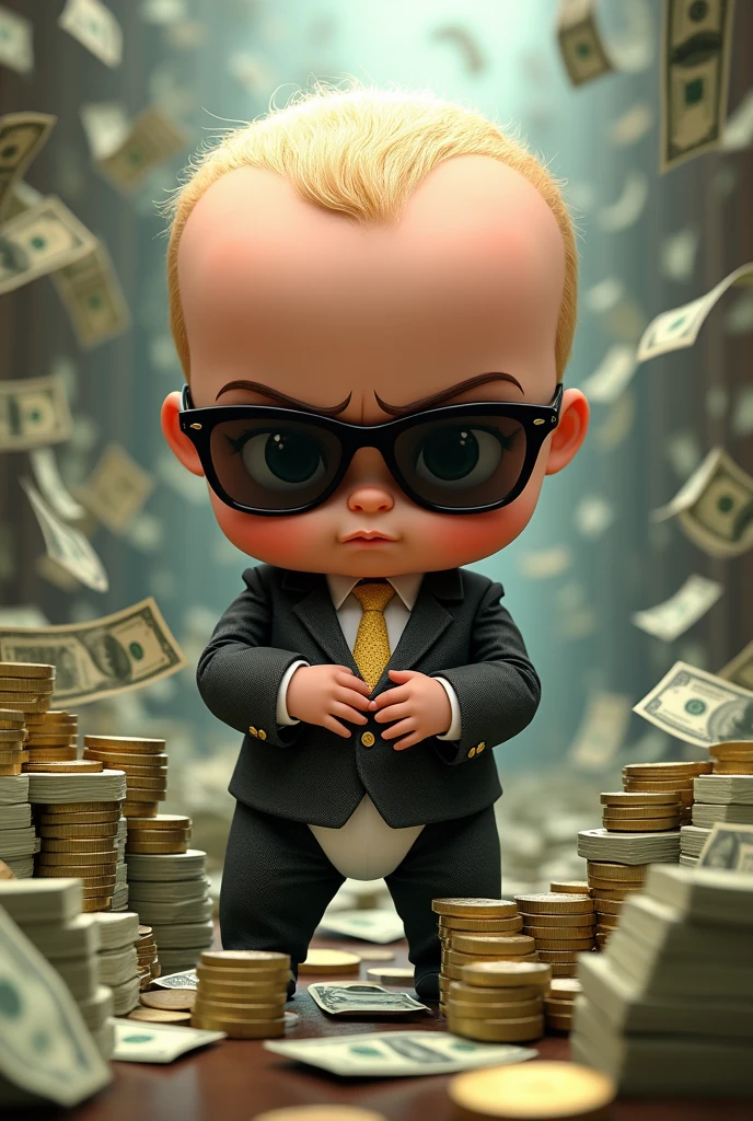 Boss baby counting money in money shades and money dress and in a crazy setting of money and business