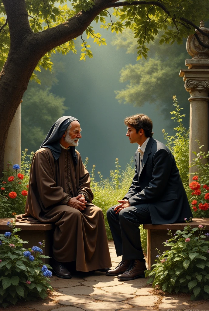 Image of an old priest talking to a rich young man, they are both sitting on a bench in a garden