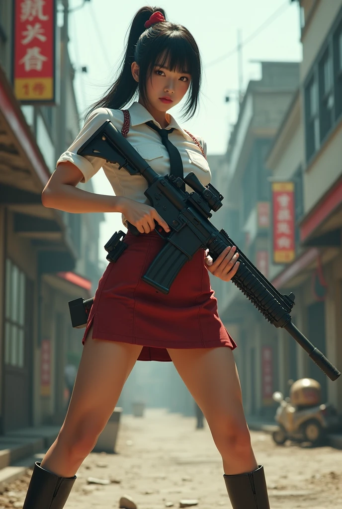 beautiful chinese 空姐 mini skirt realistic long machine gun toting real person legs spread apart standing rampage shooting side target facing showing panty


