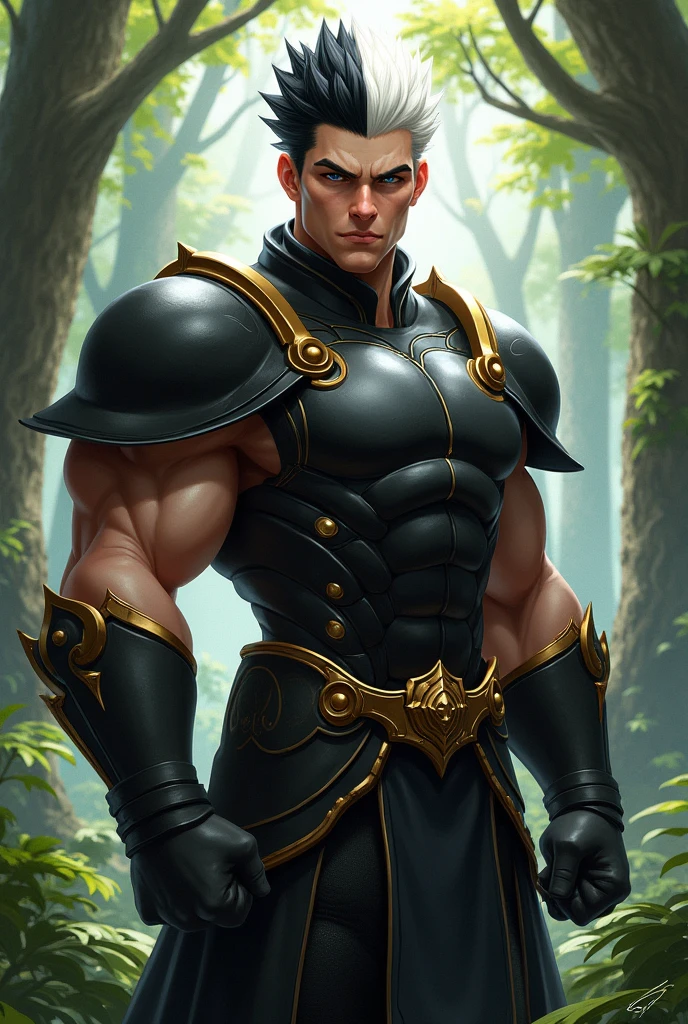 Realistic digital design my character is in a forest a tall strong adult has hair black on one side and white on the other short in layers blue eyes ocean brown skin marked jaw + smug expression his attire is black armor with golden details 