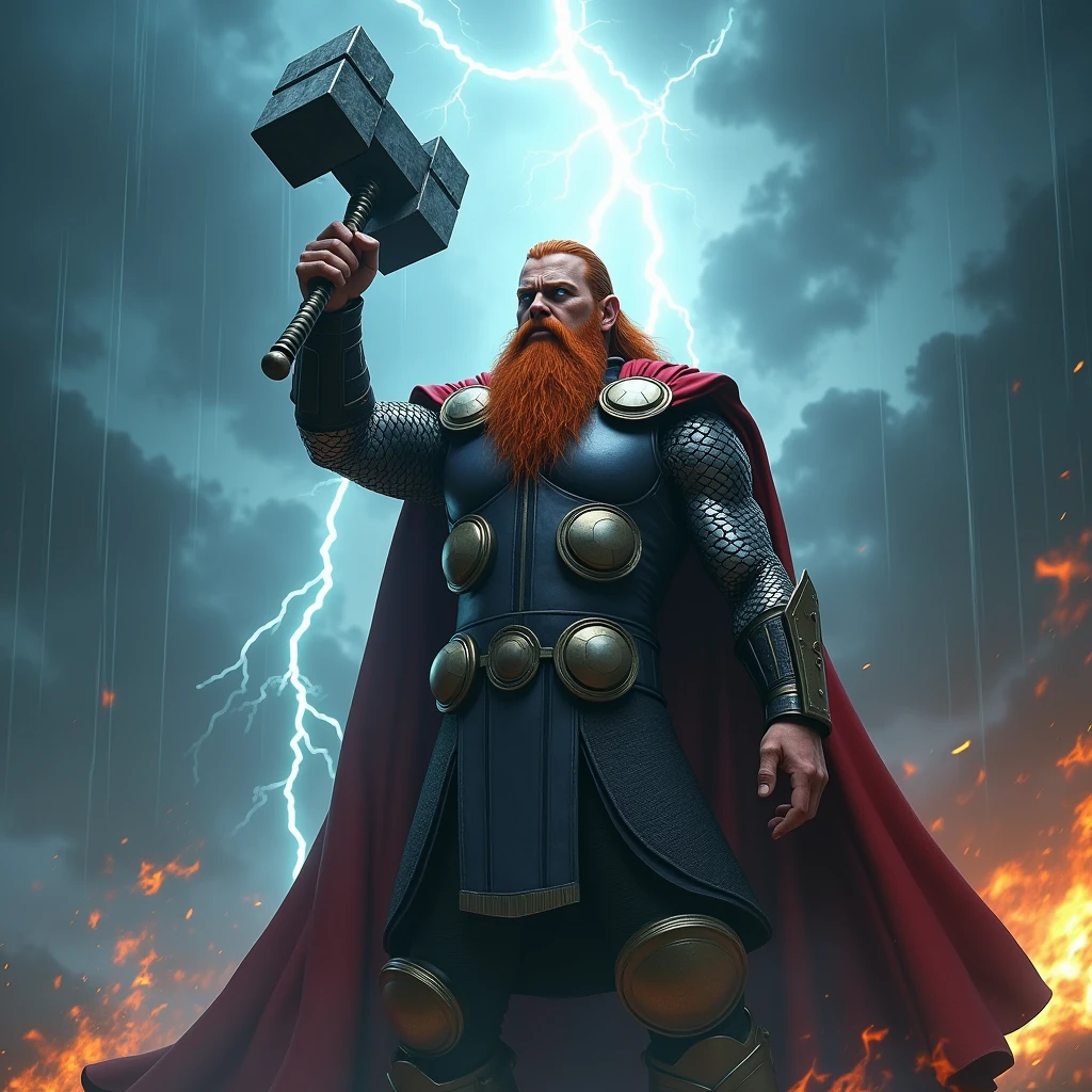 In the midst of a thunderstorm, the Viking god Thor stands with hammer upraised. Viking era armor. Long, red beard. Fierce glowing eyes.