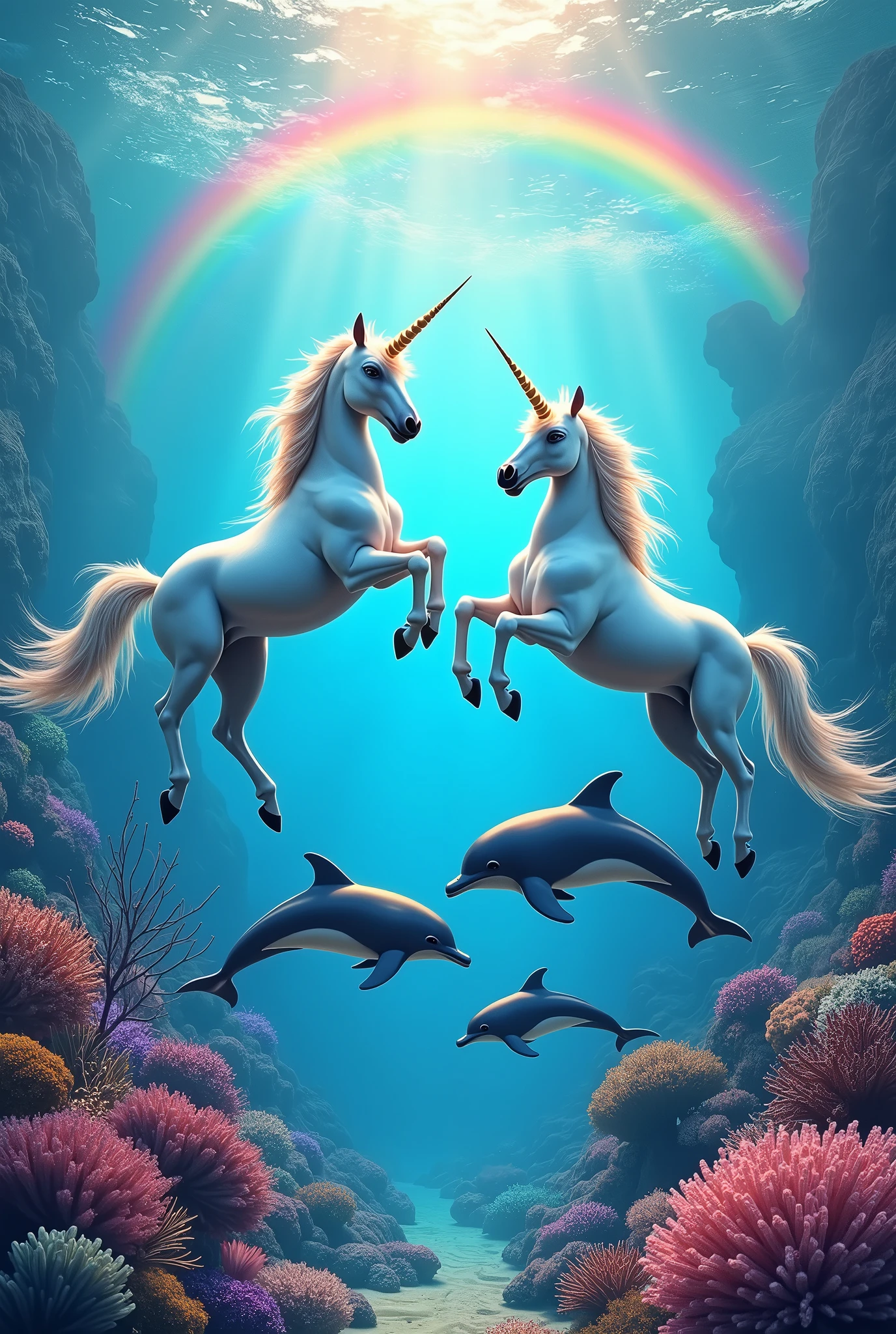 From the top of the image: (1 lush unicorn looking left and 1 lush unicorn looking right);
Na parte inferior da imagem: (3 dolphins jumping over beautiful corals);
(beautiful rainbow in the background of the image);