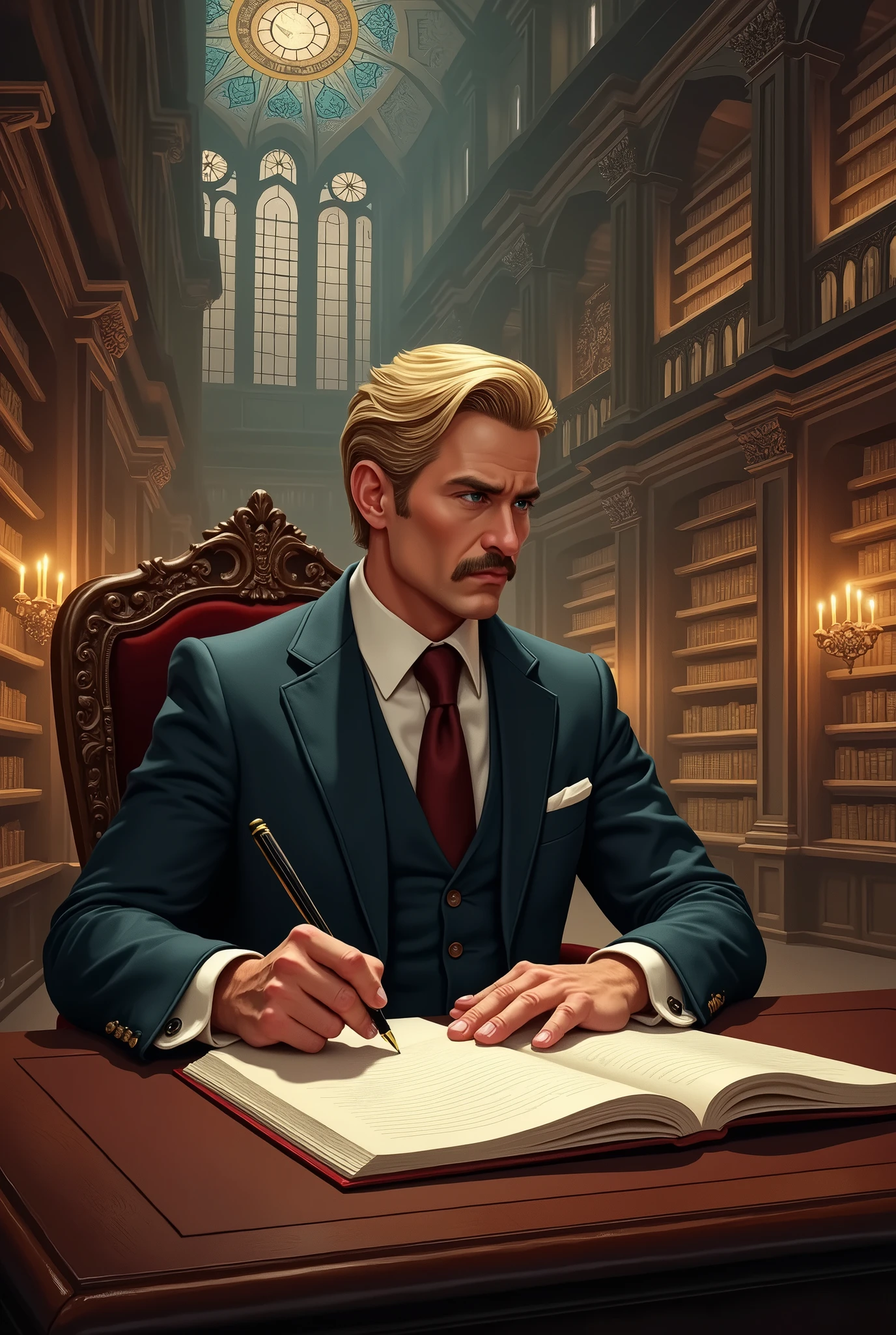 Elegant man, with blond hair and mustache, writing in a large, old library
