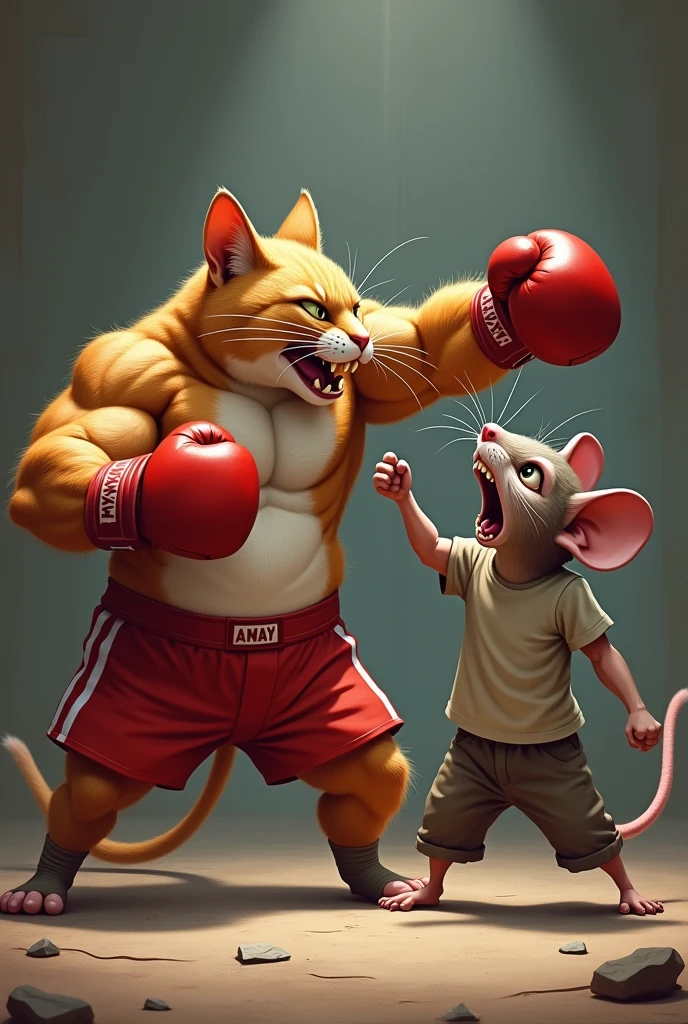 The white realistic muscular bodybuilder daddy cat wearing red shorts and red boxing gloves lands a punch on the grey mouse’s face wearing t-shirt and trousers and red boxing gloves.Visual Elements: A dramatic action scene where the daddy cat’s red boxing glove connects with the grey mouse’s face. The mouse’s expression shows shock and pain. Pictures look like original and not blurred and 4k results.