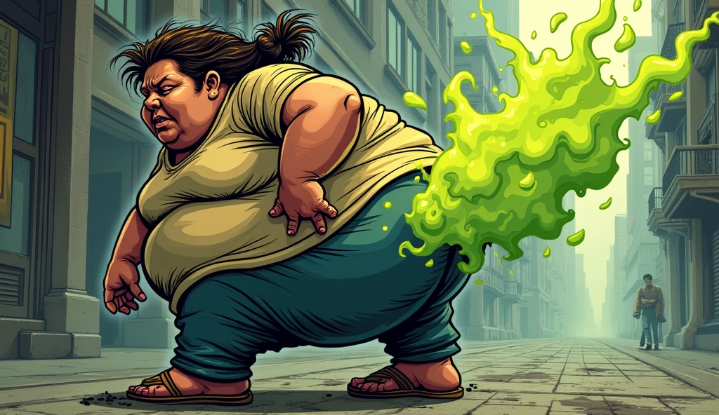 morbidly obese female mob boss in a black monster suit, farting, olive green gas coming out of her butt, comic artstyle