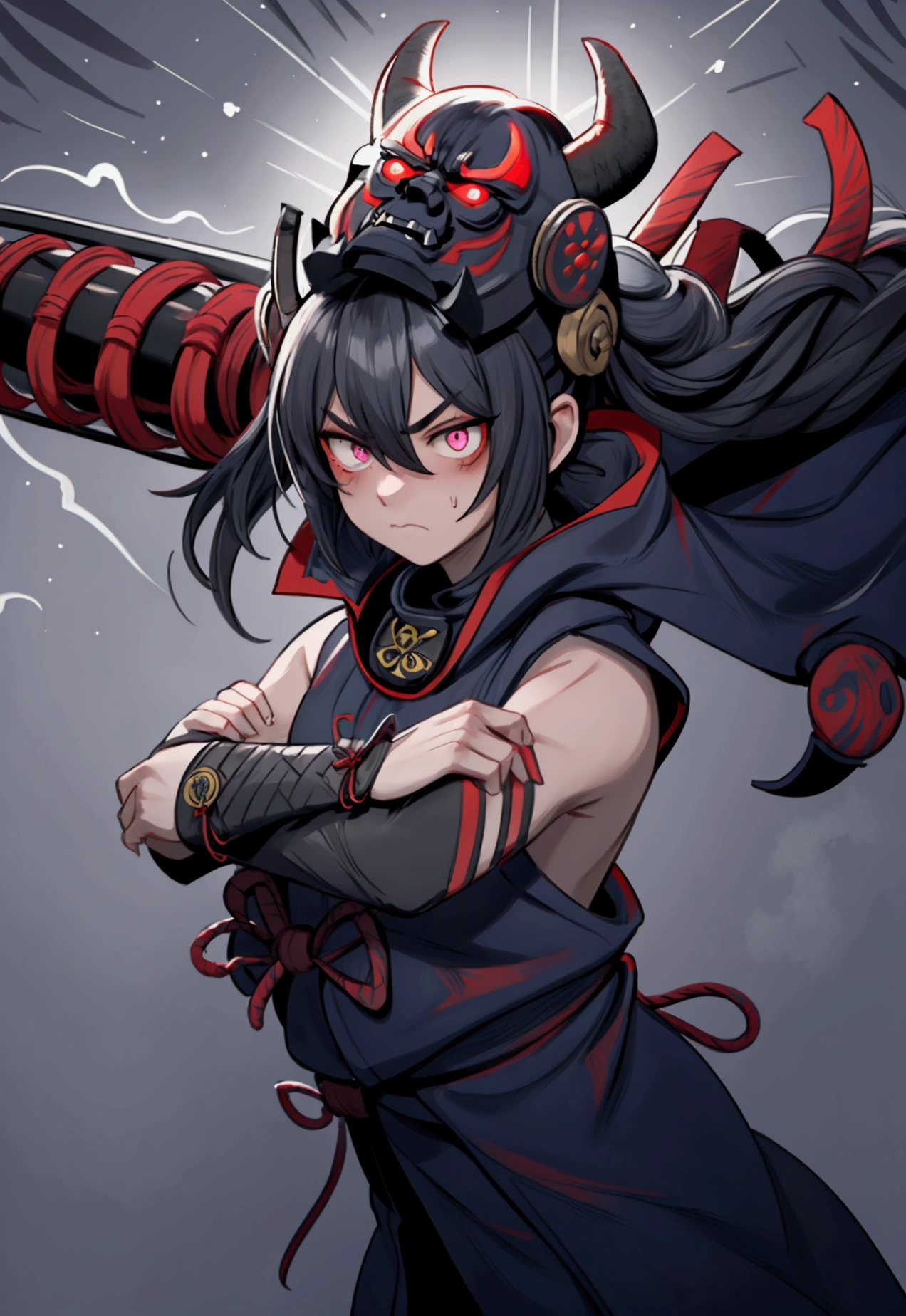 best quality, 4k, high resolution, masterpiece: 1.2, ultradetalization, realism: 1.37, dark art, portraits, creepy atmosphere, glitches, 3D effect,wrapping in red,wrapping in blue, mysterious lighting, intimidating presence, formidable armor, gloomy facial expression, sinister eyes, two twisted horns, sharp sword, sinister cloak, dark clouds of Akatsuki, haunting shadows, tense battle scene, dramatic composition, simple Hannya Oni mask, ((man),brutal ,strong guy, four arms,pumped up arms,naked arms, pumped up arms,man,male ninja killer), cyberpunk mask, fully hooded, without ears, armor on chest and arms, inverted cross, ((very dark eyes)) , ninja strike pose