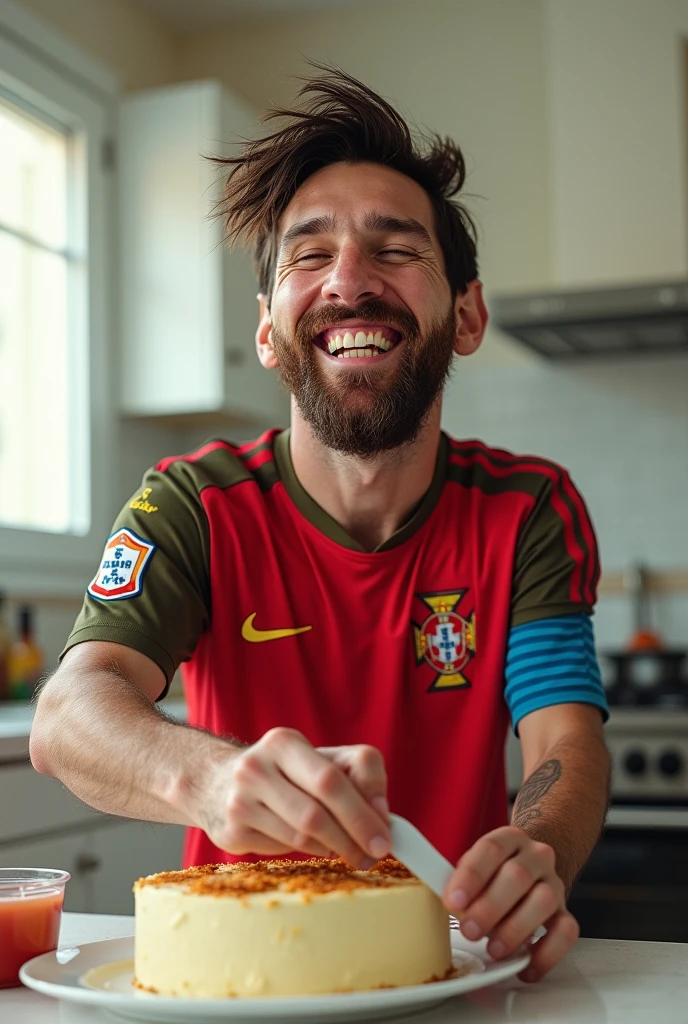 Messi with no teeth and badly cut hair dressed in a Portugal football shirt cooking a cake in his white kitchen with an oven while laughing.
