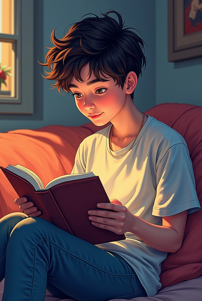 Color drawing of a teenager reading a book
