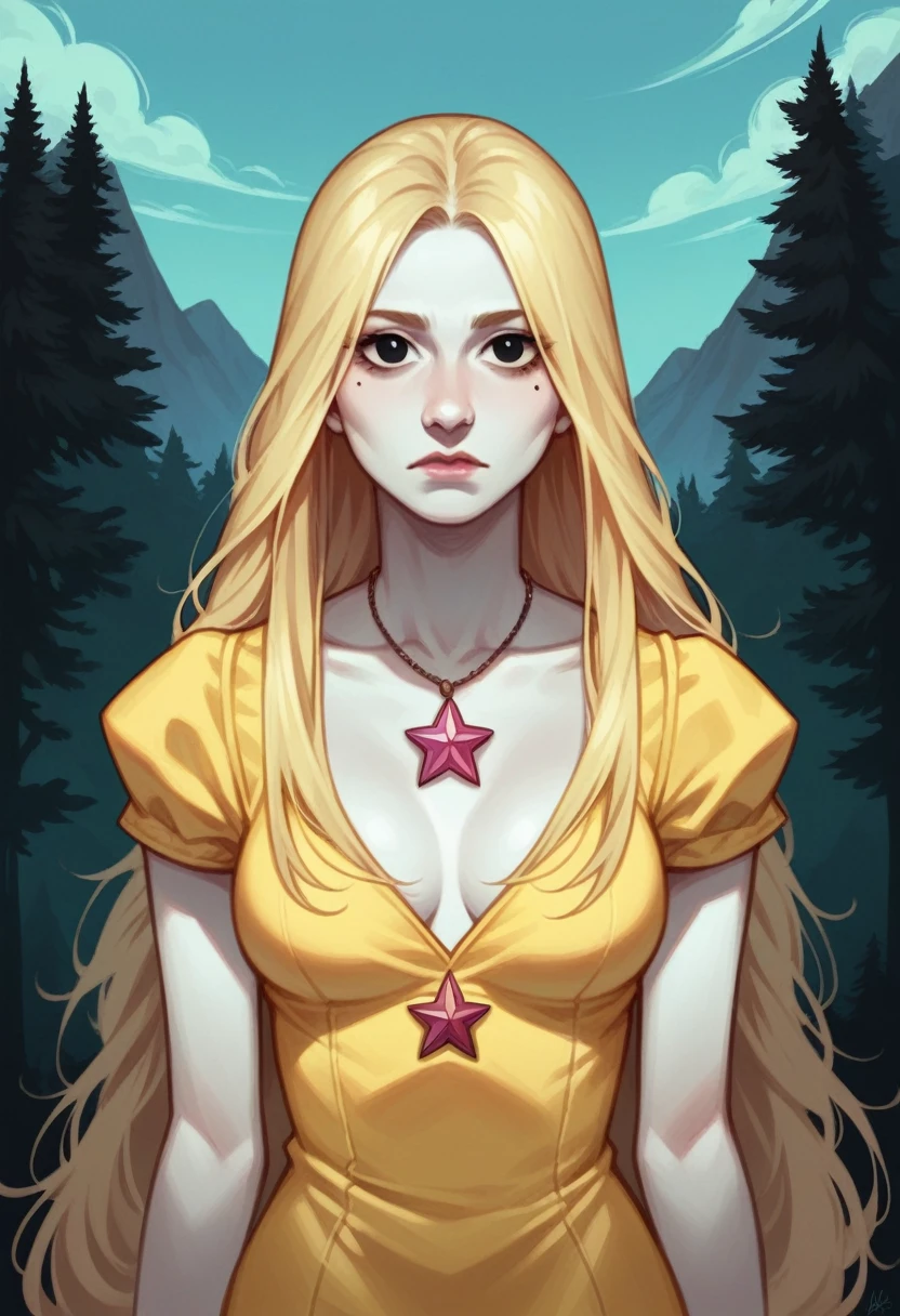 young woman, 2, very long blond hair, straight with bangs, dimpled chin, sunken cheek, caressed jaw, white skin, round black eyes, princess, large nose, mole, pendant with a star, realistic style with shadows and detailed realism, comics,background with trees and mountains, white yellow dress,breast