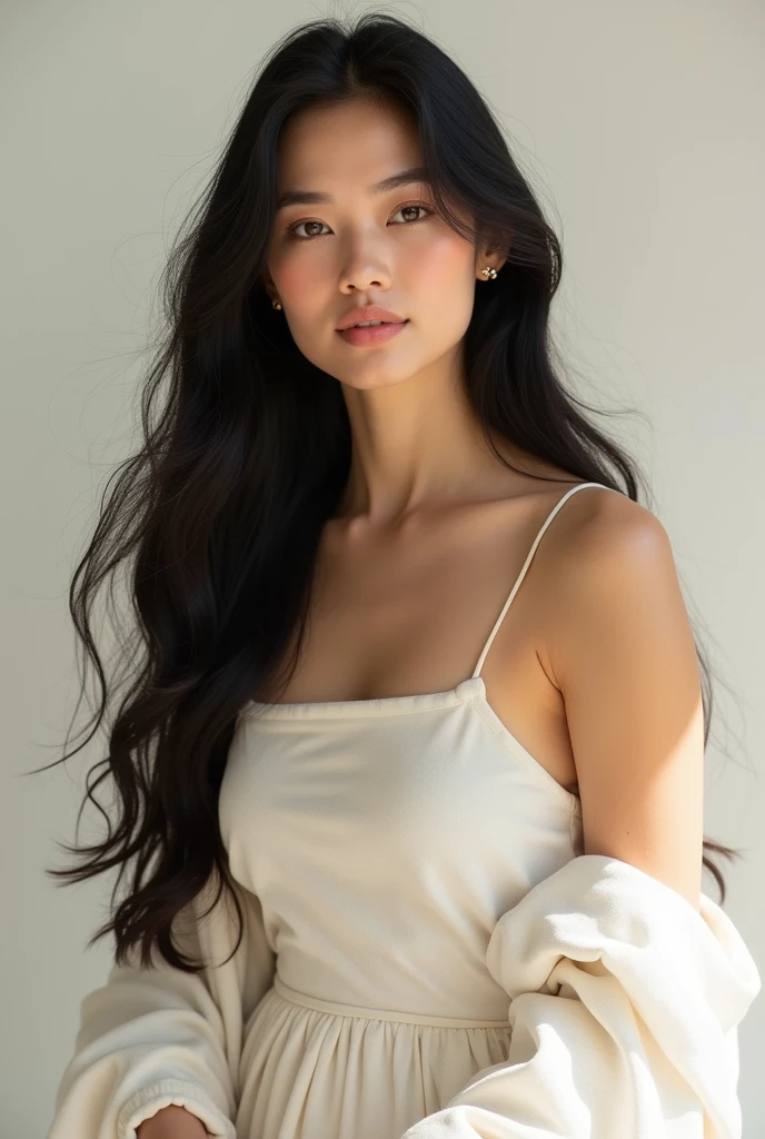 a white woman who has and long black hair for oil brand advertisement but
natural and mid body and cover cloth
( SHASA )