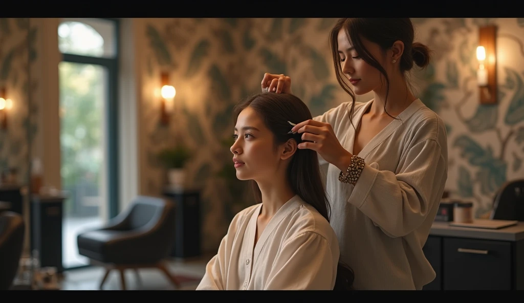 in a hair salon, woman, beautiful, cutting hair, of a young woman, cinematic, realistic, 4k