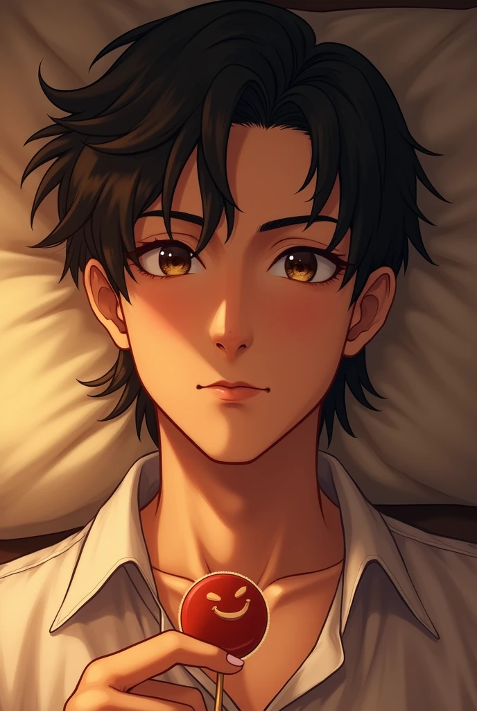 man, Black Hair, Medium Candy, Bronze skin, Brown eyes,warm atmosphere, Relaxed look, No wrinkles, Realistic style illustration