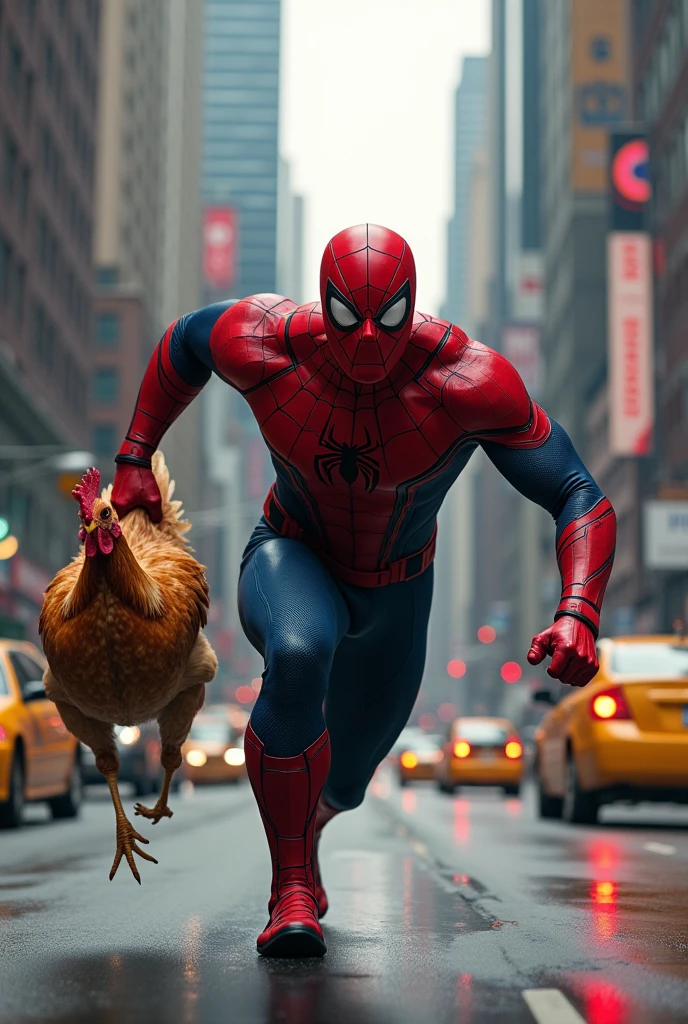 The Thing of marvel comics running towards camera carrying a chicken in the streets of new york