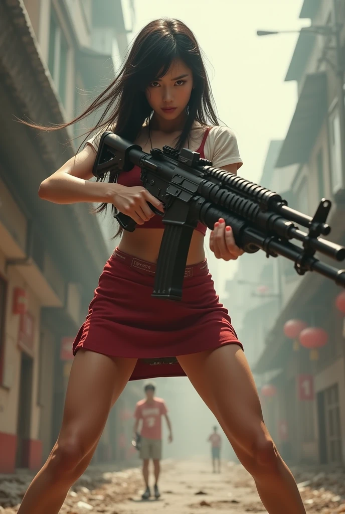 beautiful chinese 空姐 mini skirt realistic long machine gun toting real person legs spread apart standing rampage shooting side target facing showing panty


