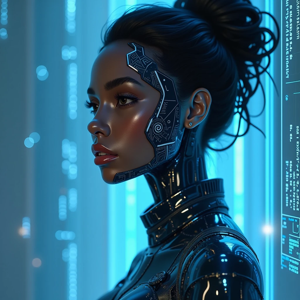 Cover design for a song about distrust and artificiality towards a woman created by an AI. The image must include a light-skinned black woman, with fine strokes, with an appearance that mixes human and technological elements, highlighting that it is 'made in an AI'. Use digital elements, as circuits or programming codes, to accentuate the artificiality. The scenario may be futuristic, with predominant colors in blue and silver. The woman must look elegant, but with an aura of mystery and a touch of 'robotization'.