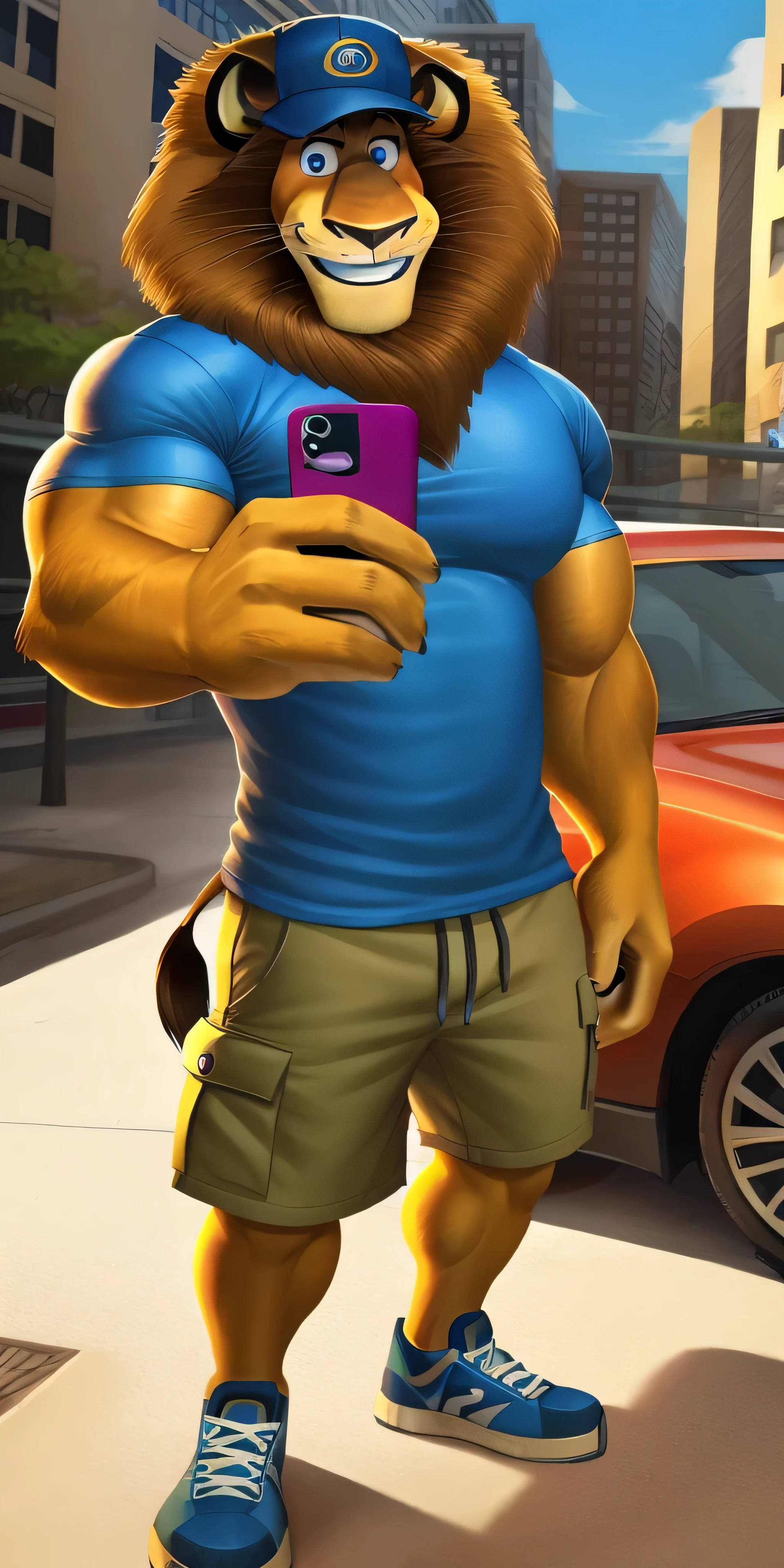 Alex the Lion, muscular body, big biceps, extremely beautiful and cute face, wears blue sweatshirt, denim cargo shorts, bare feet, subway background, selfie, friendly look, cute smile