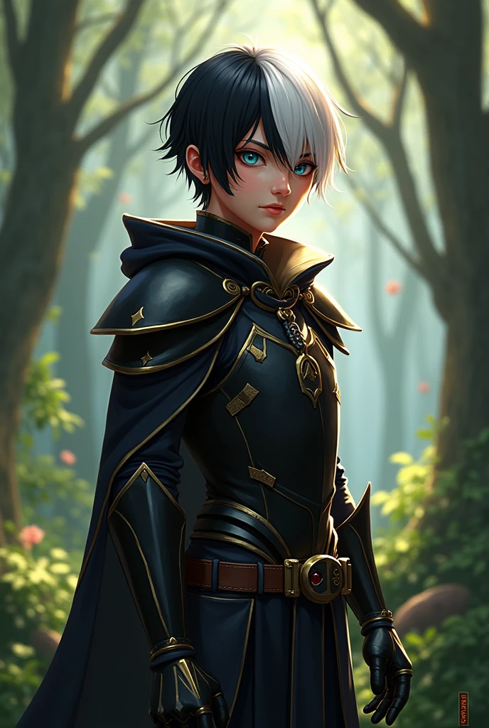Realistic digital design my character is in a forest a young adult nineteen years old tall strong has hair black on one side and white on the other short layered blue eyes ocean brown skin marked jaw + smug expression his attire is black armor with golden details