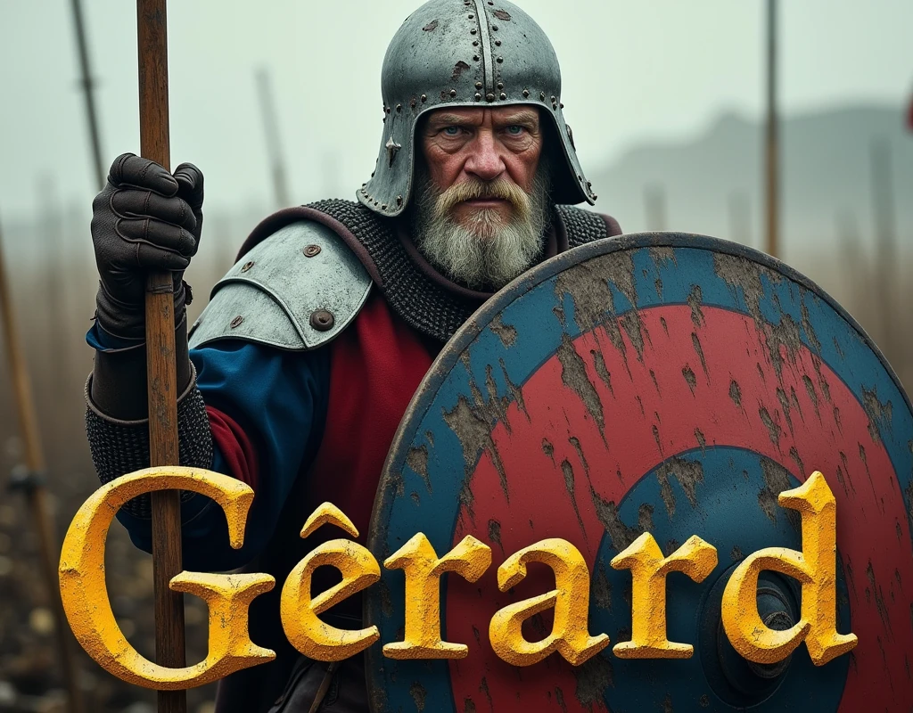 A movie poster depicting a middle-aged pikeman brandishing a spear, and carrying a ((large blue and red shield with thin vertical yellow sword painted upwards)), damaged by fighting. (medieval battered light armour & helmet, very battle-damaged, blue and red coat of arms), leather gloves. He has white pale skin and scar on his face. (He's on a battlefield with the words "Gérard" written in large golden letters in the foreground).