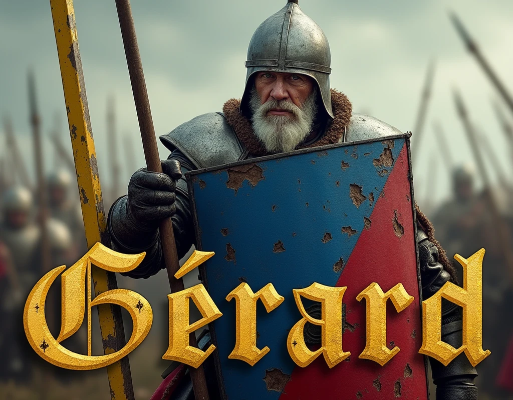 A movie poster depicting a middle-aged pikeman brandishing a spear, and carrying a ((large blue and red shield with thin vertical yellow sword painted upwards)), damaged by fighting. (medieval battered light armour & helmet, very battle-damaged, blue and red coat of arms), leather gloves. He has white pale skin and scar on his face. (He's on a battlefield with the words "Gérard" written in large golden letters in the foreground).