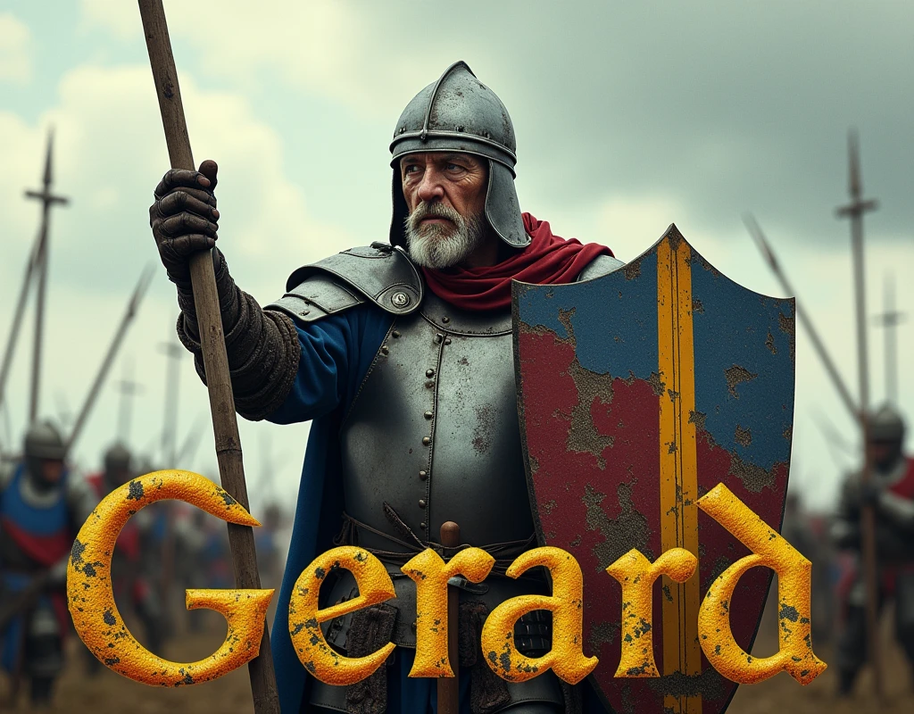 A movie poster depicting a middle-aged pikeman brandishing a spear, and carrying a ((large blue and red shield with thin vertical yellow sword painted upwards)), damaged by fighting. (medieval battered light armour & helmet, very battle-damaged, blue and red coat of arms), leather gloves. He has white pale skin and scar on his face. (He's on a battlefield with the words "Gérard" written in large golden letters in the foreground).