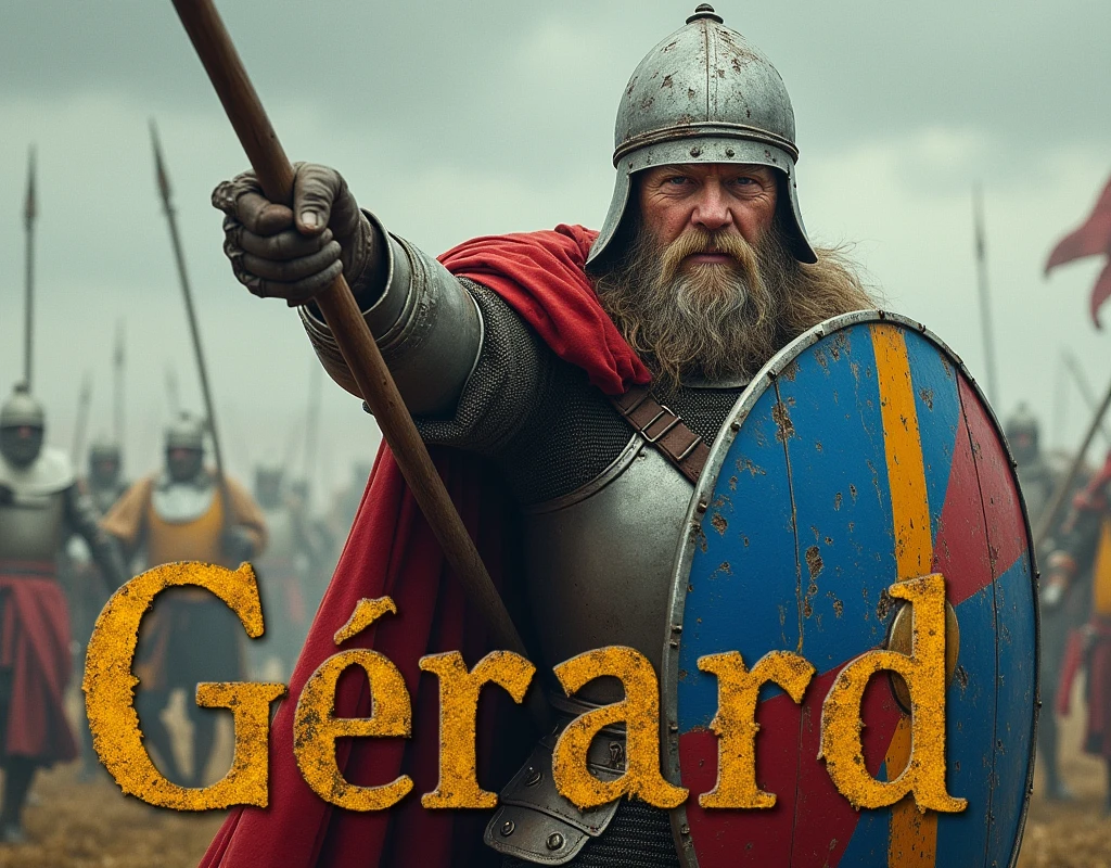 A movie poster depicting a middle-aged pikeman brandishing a spear, and carrying a ((large blue and red shield with thin vertical yellow sword painted upwards)), damaged by fighting. (medieval battered light armour & helmet, very battle-damaged, blue and red coat of arms), leather gloves. He has white pale skin and scar on his face. (He's on a battlefield with the words "Gérard" written in large golden letters in the foreground).