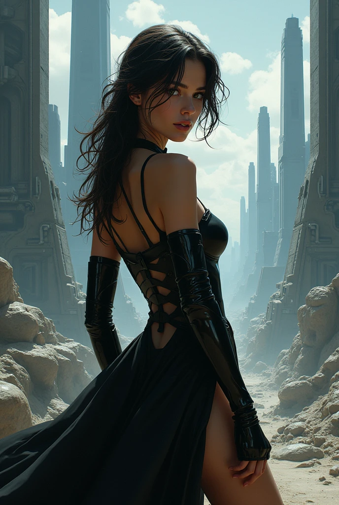 sexy woman against the backdrop of a future landscape by Luis Royo 