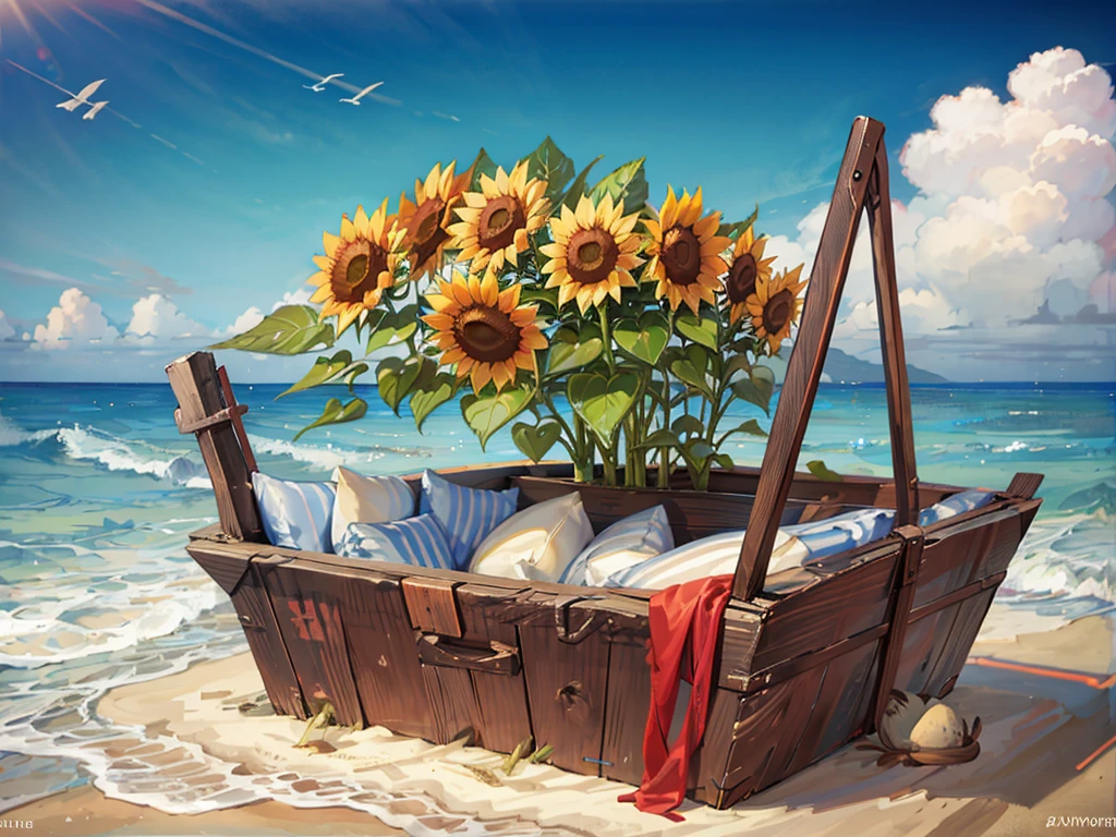 Wooden boat, sunflower, Wooden crate carrying sunflowers, beach, sandy beach