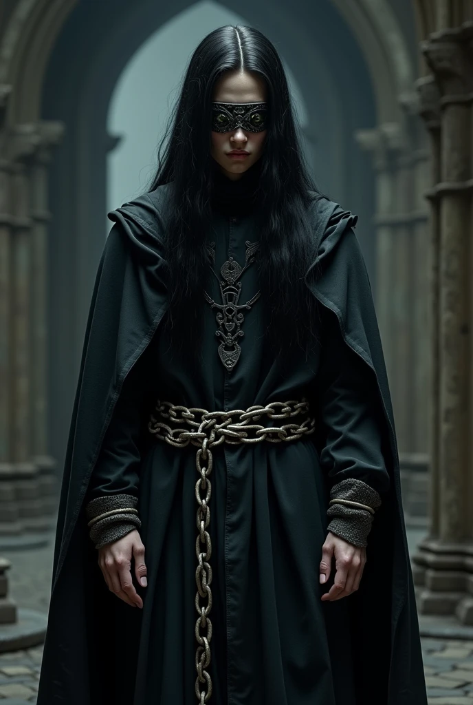 A young nobleman with long straight black hair, dark medieval robes and iron blindfolds with arms chained with large chains 