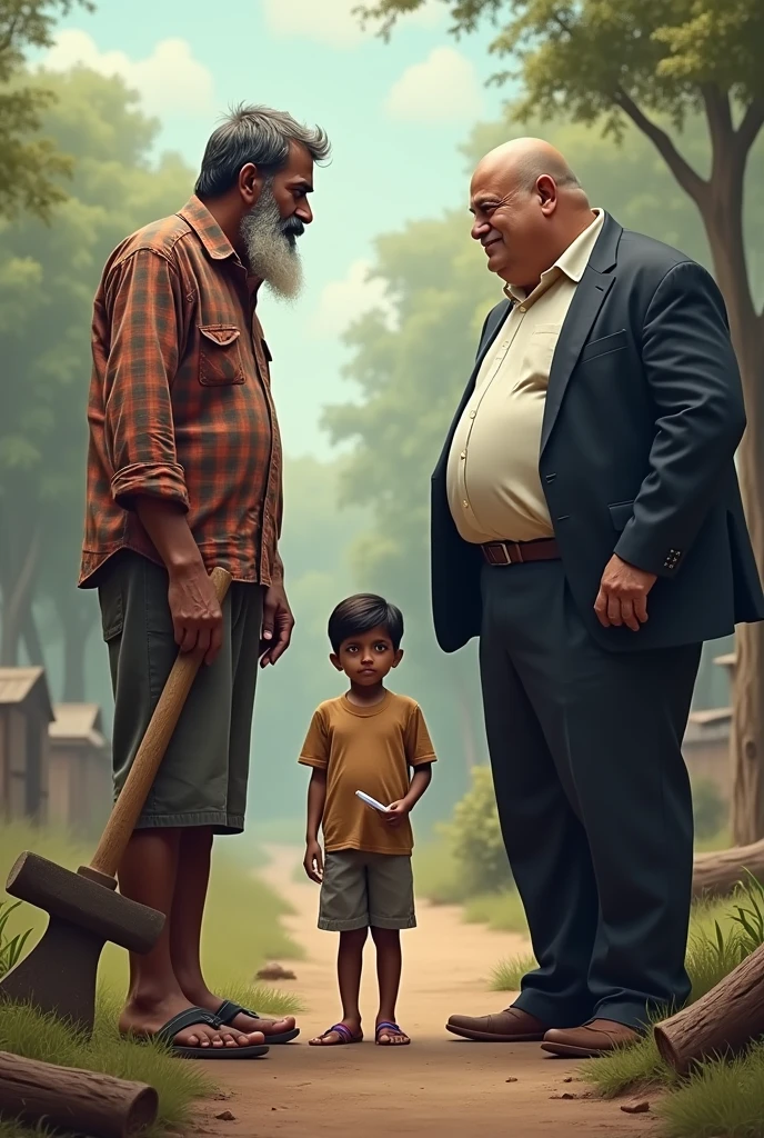 A 52 age man woodcutter in a checkered frame and an ax in a tamil nadu one village is standing is opposite a 43 age rich man Fat body with a bald head in a coat suit. Between the two, a young man came out with a pen and paper