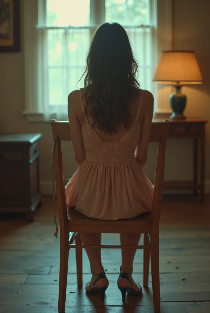 girl in her 20s sitting on wooden chair, wearing a beige-pink summer dress, 1980s vibe, vintage vibe, wearing high heels, back view, back shot, behind shot, faded photo, vintage house, cool lighting