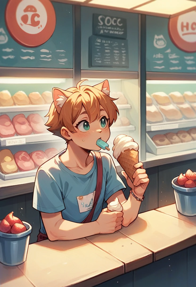 Create an image of a cat working in an ice cream shop