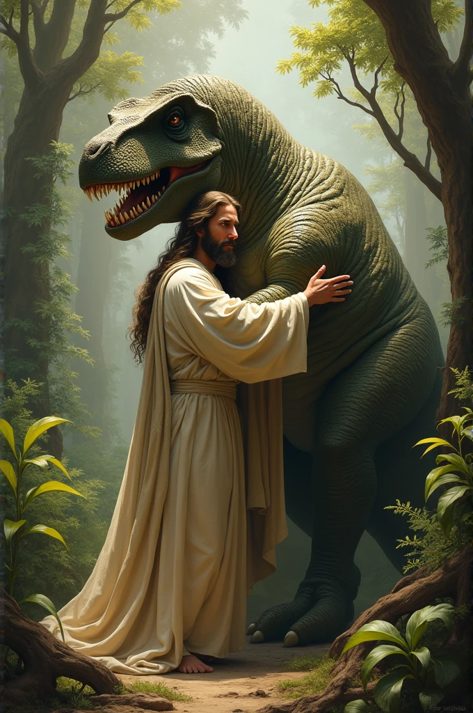 Jesus hugging a dinosaur